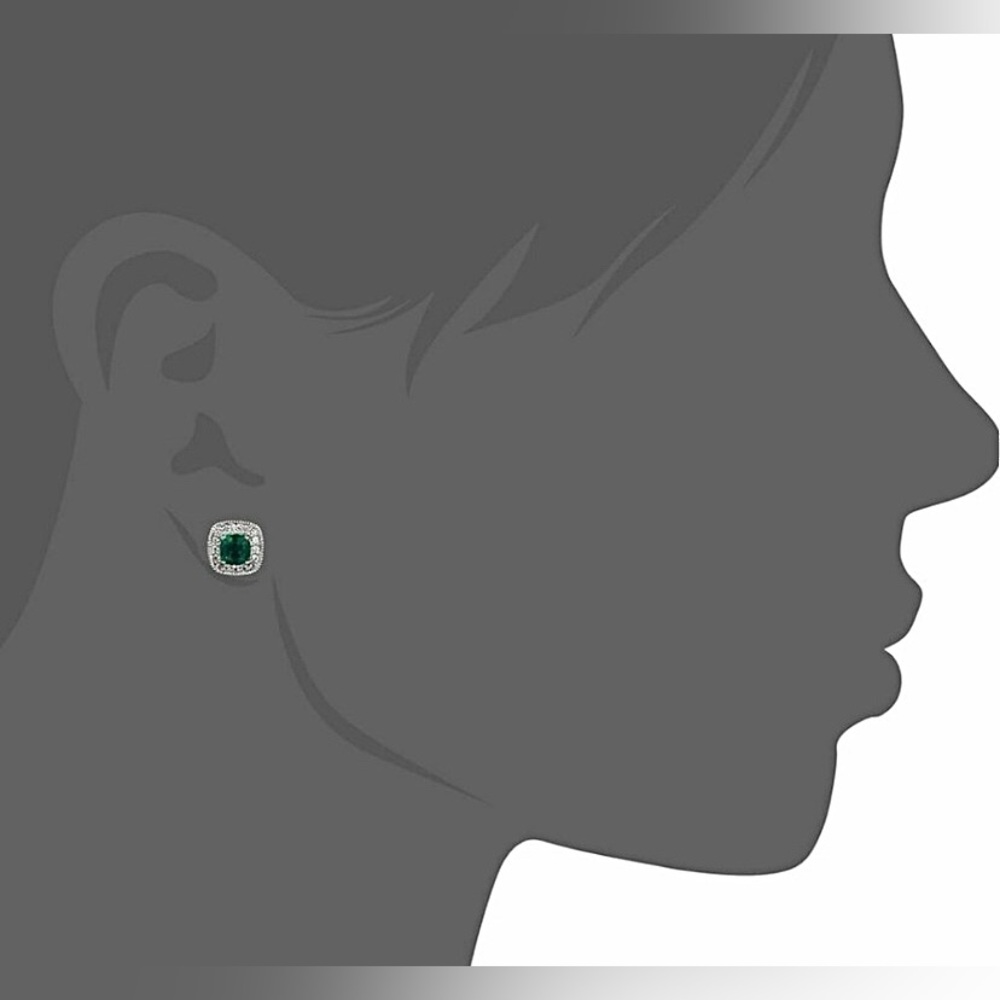 Emerald Green Cushion Halo Stud Earrings - Picture 3 of 4